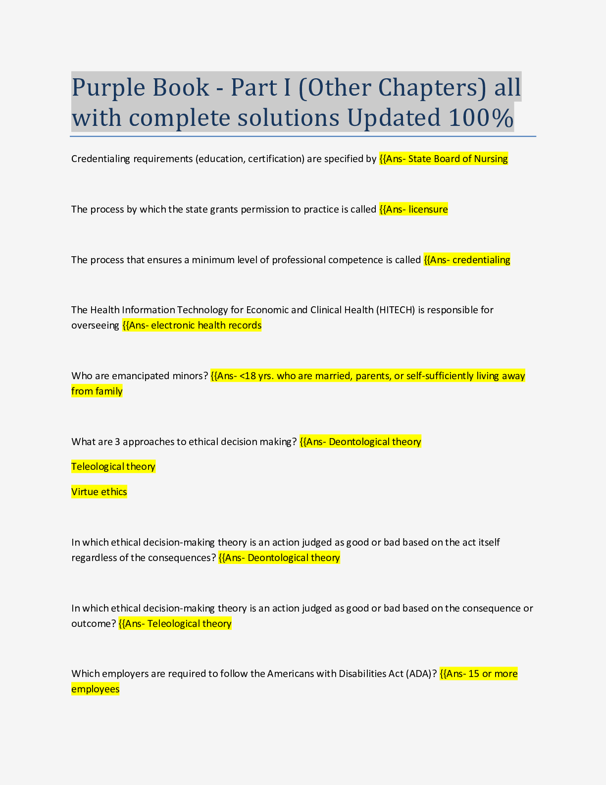 Preview of Purple Book - Part I (Other Chapters) all with complete solutions Updated 100%